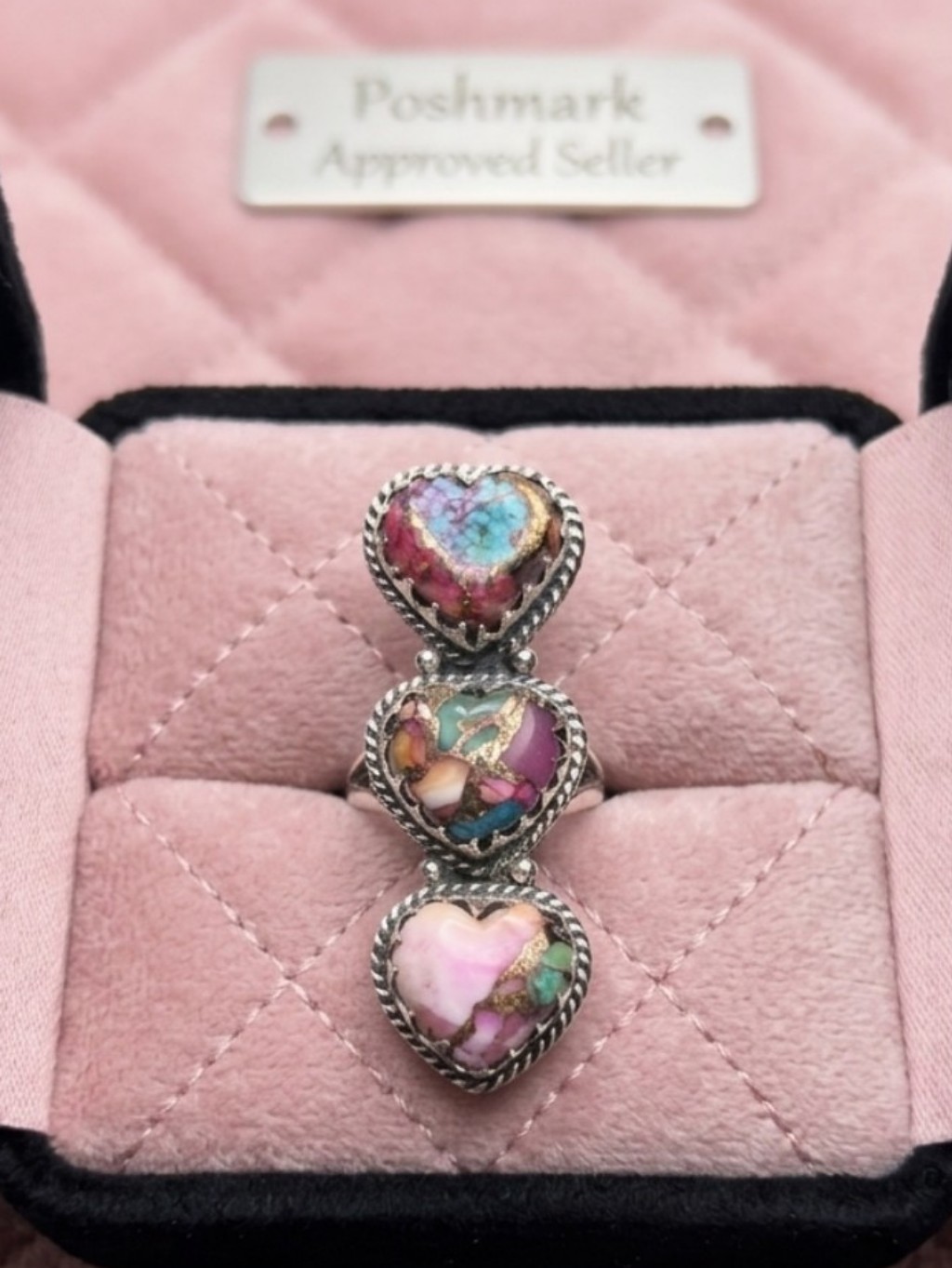 Boutiqu Sterling Silver Pink Dahlia Turquoise Heart 3-Stone Statement Ring 7.9